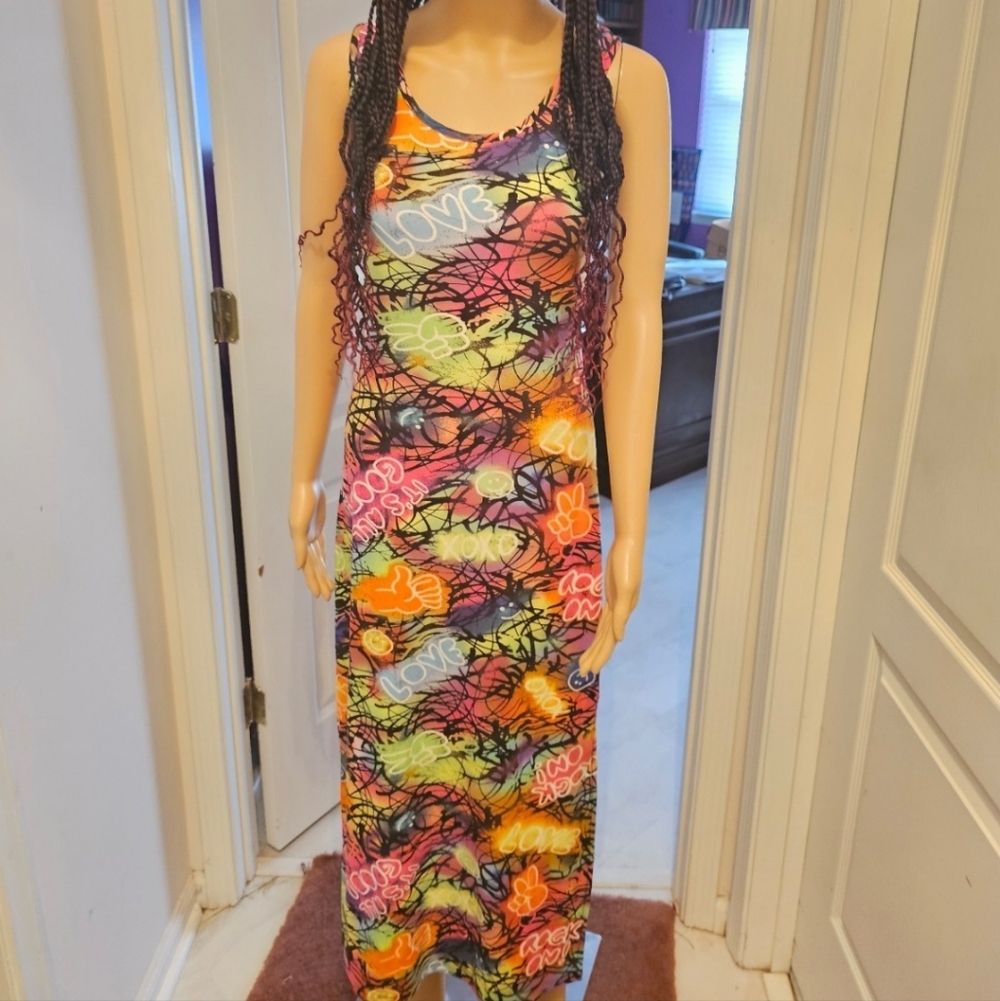 Vibrant Multicolor Sleeveless Maxi Dress - Love Print